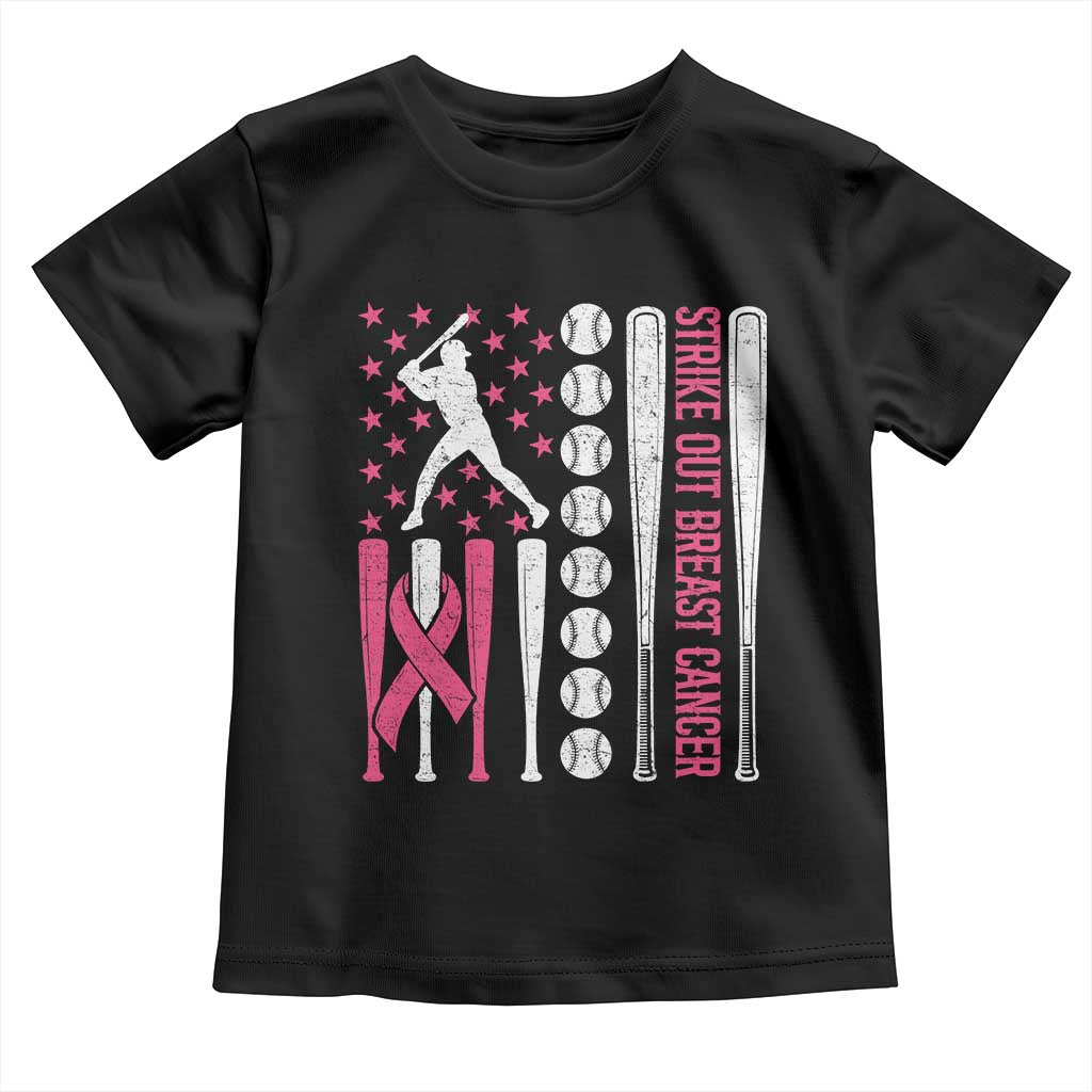 Baseball Breast Cancer Toddler T Shirt Pink Ribbon Strike Out Breast Cancer American Flag - Wonder Print Shop