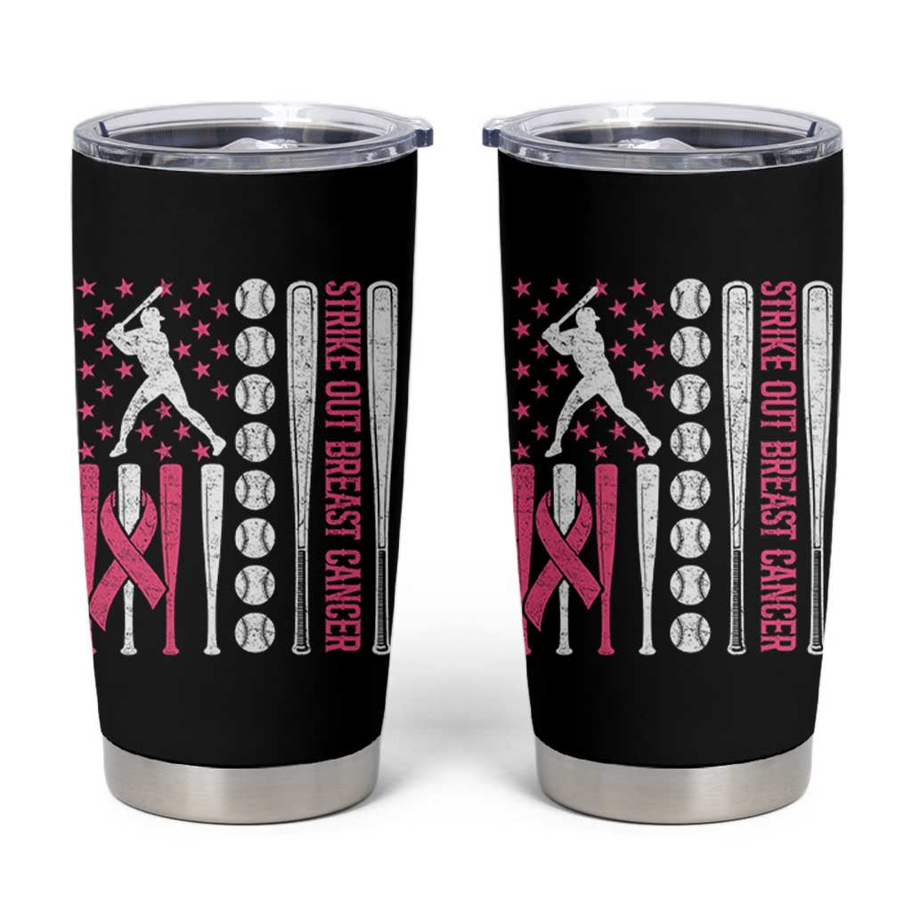 Baseball Breast Cancer Tumbler Cup Pink Ribbon Strike Out Breast Cancer American Flag - Wonder Print Shop