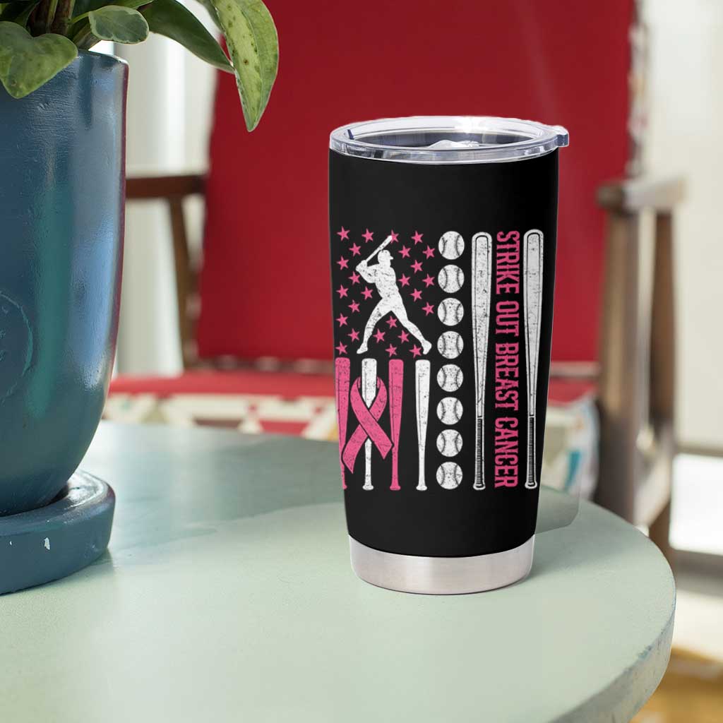 Baseball Breast Cancer Tumbler Cup Pink Ribbon Strike Out Breast Cancer American Flag - Wonder Print Shop