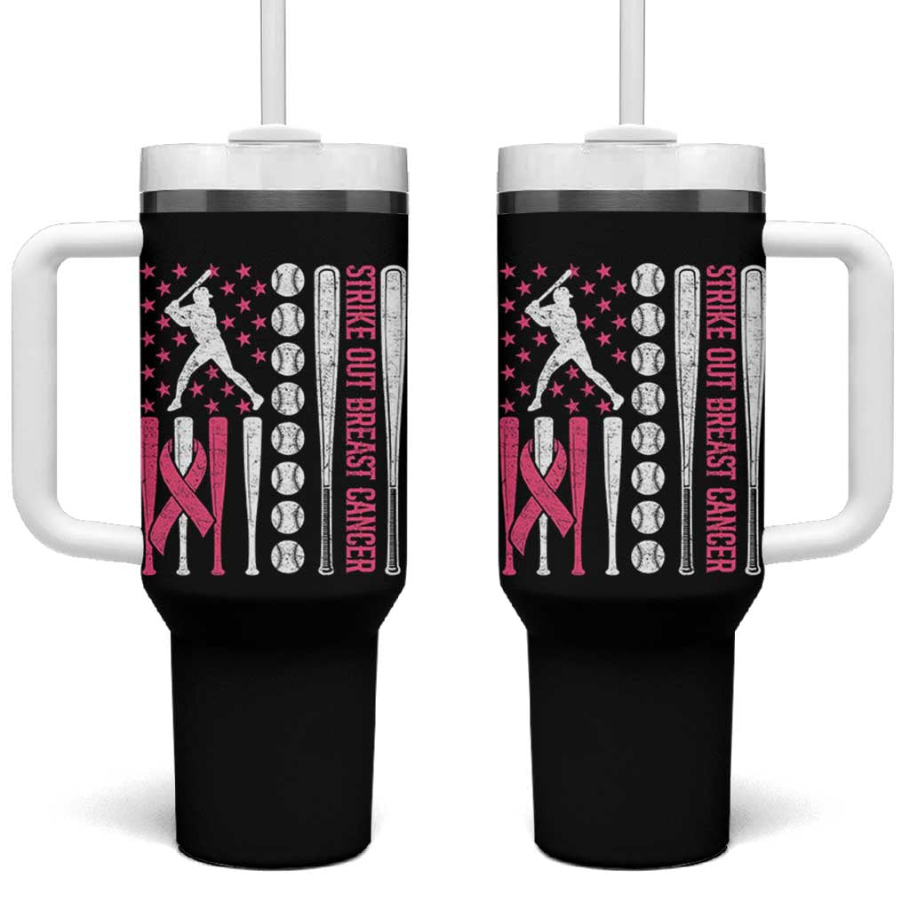 Baseball Breast Cancer Tumbler With Handle Pink Ribbon Strike Out Breast Cancer American Flag - Wonder Print Shop