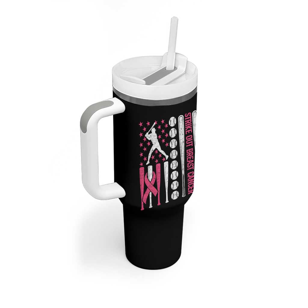Baseball Breast Cancer Tumbler With Handle Pink Ribbon Strike Out Breast Cancer American Flag - Wonder Print Shop