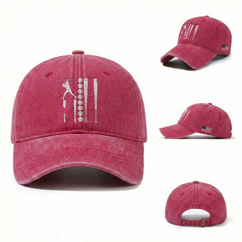 Baseball Breast Cancer Washed Cotton Baseball Cap Pink Ribbon Strike Out Breast Cancer American Flag