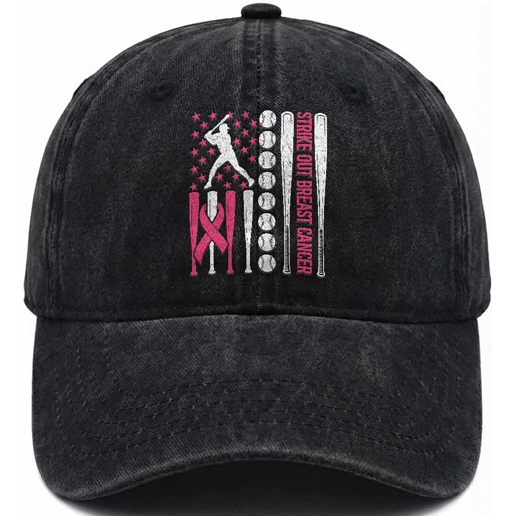 Baseball Breast Cancer Washed Cotton Baseball Cap Pink Ribbon Strike Out Breast Cancer American Flag