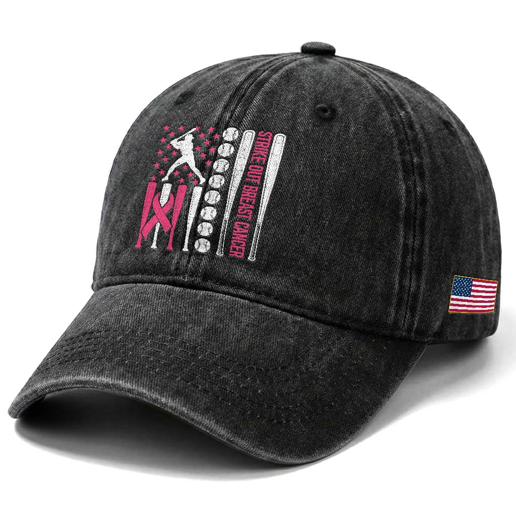 Baseball Breast Cancer Washed Cotton Baseball Cap Pink Ribbon Strike Out Breast Cancer American Flag