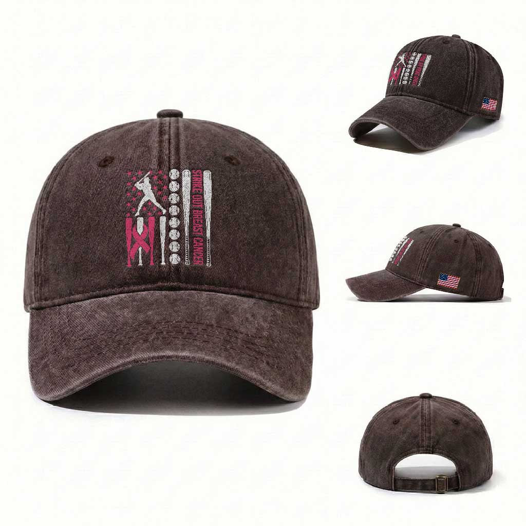 Baseball Breast Cancer Washed Cotton Baseball Cap Pink Ribbon Strike Out Breast Cancer American Flag
