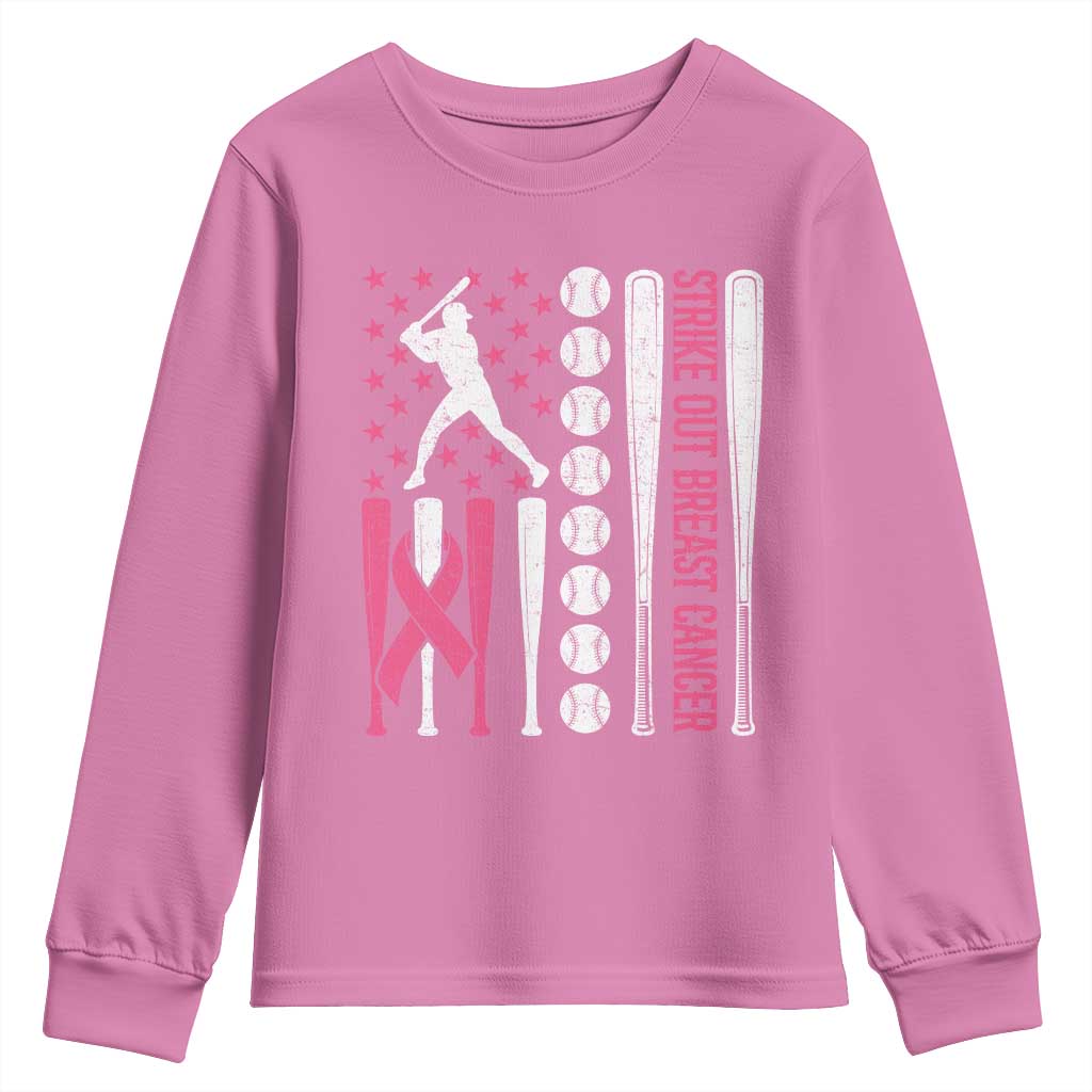 Baseball Breast Cancer Youth Sweatshirt Pink Ribbon Strike Out Breast Cancer American Flag - Wonder Print Shop