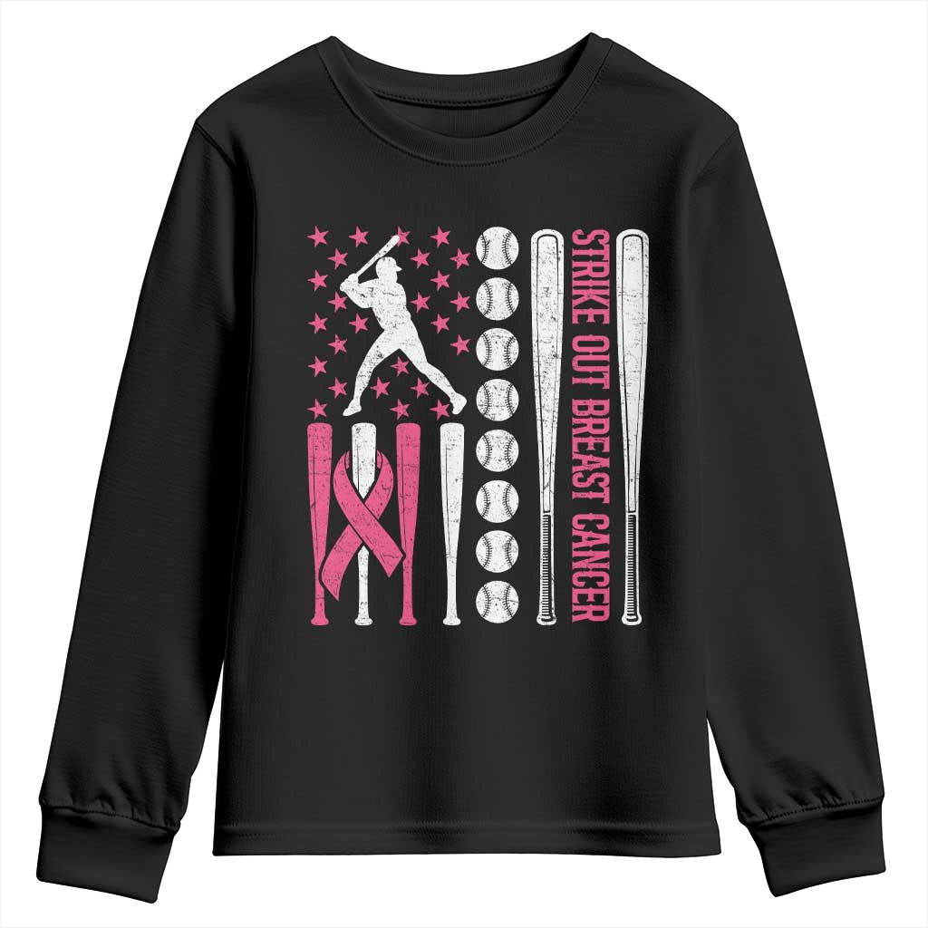 Baseball Breast Cancer Youth Sweatshirt Pink Ribbon Strike Out Breast Cancer American Flag - Wonder Print Shop