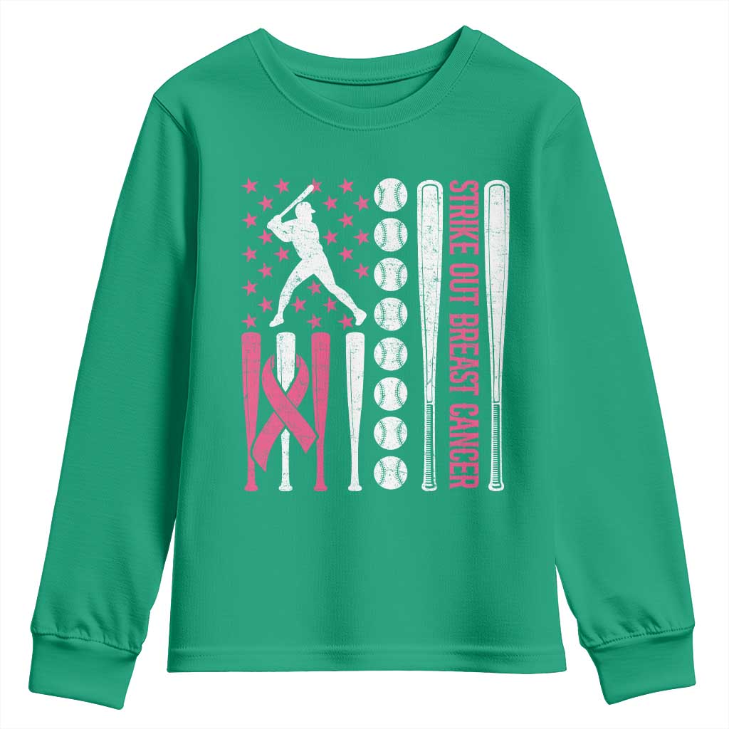 Baseball Breast Cancer Youth Sweatshirt Pink Ribbon Strike Out Breast Cancer American Flag - Wonder Print Shop