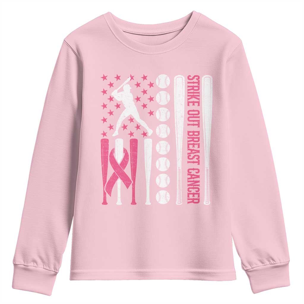 Baseball Breast Cancer Youth Sweatshirt Pink Ribbon Strike Out Breast Cancer American Flag - Wonder Print Shop