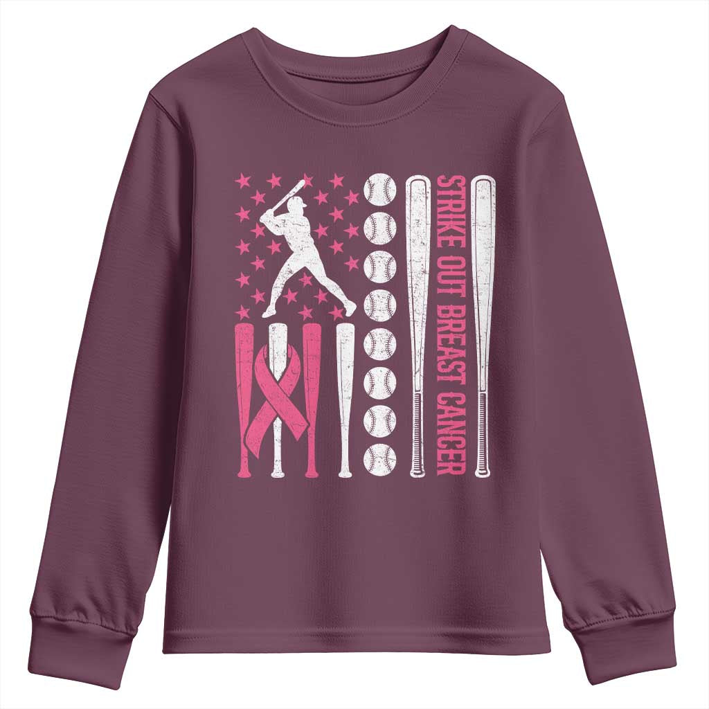 Baseball Breast Cancer Youth Sweatshirt Pink Ribbon Strike Out Breast Cancer American Flag - Wonder Print Shop