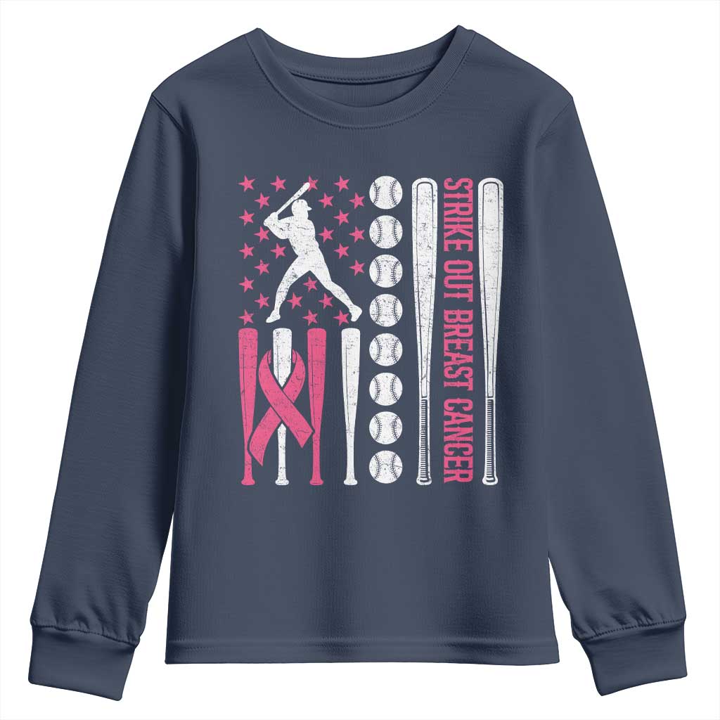 Baseball Breast Cancer Youth Sweatshirt Pink Ribbon Strike Out Breast Cancer American Flag - Wonder Print Shop