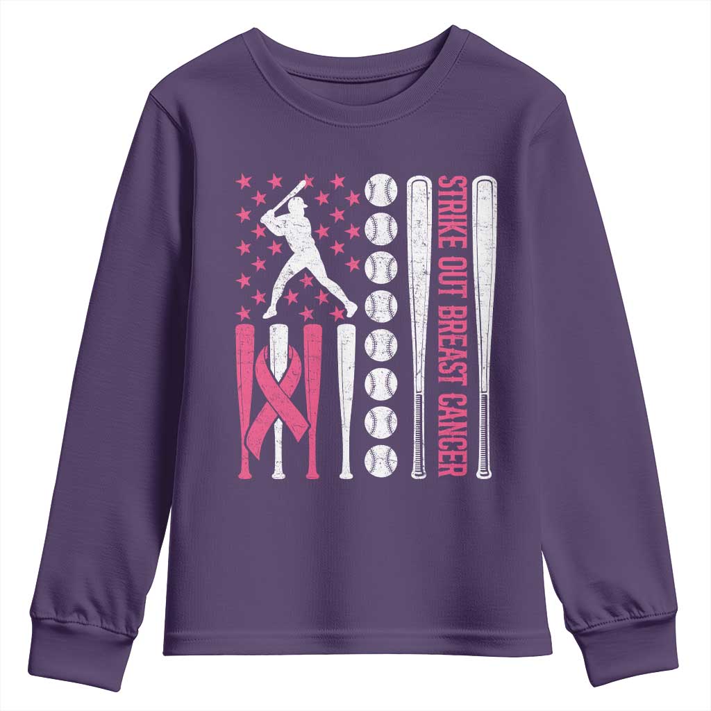 Baseball Breast Cancer Youth Sweatshirt Pink Ribbon Strike Out Breast Cancer American Flag - Wonder Print Shop