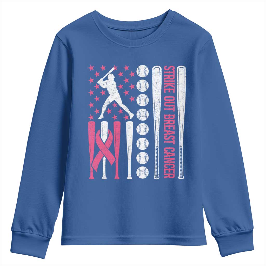Baseball Breast Cancer Youth Sweatshirt Pink Ribbon Strike Out Breast Cancer American Flag - Wonder Print Shop