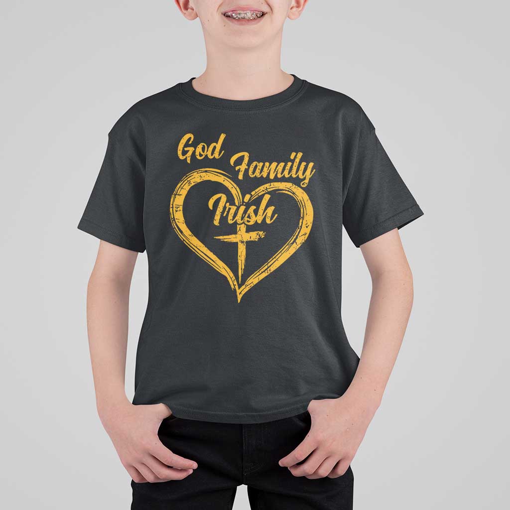 God Family Irish T Shirt For Kid Vintage Cross In Heart Christian Notre Dame Game Day - Wonder Print Shop