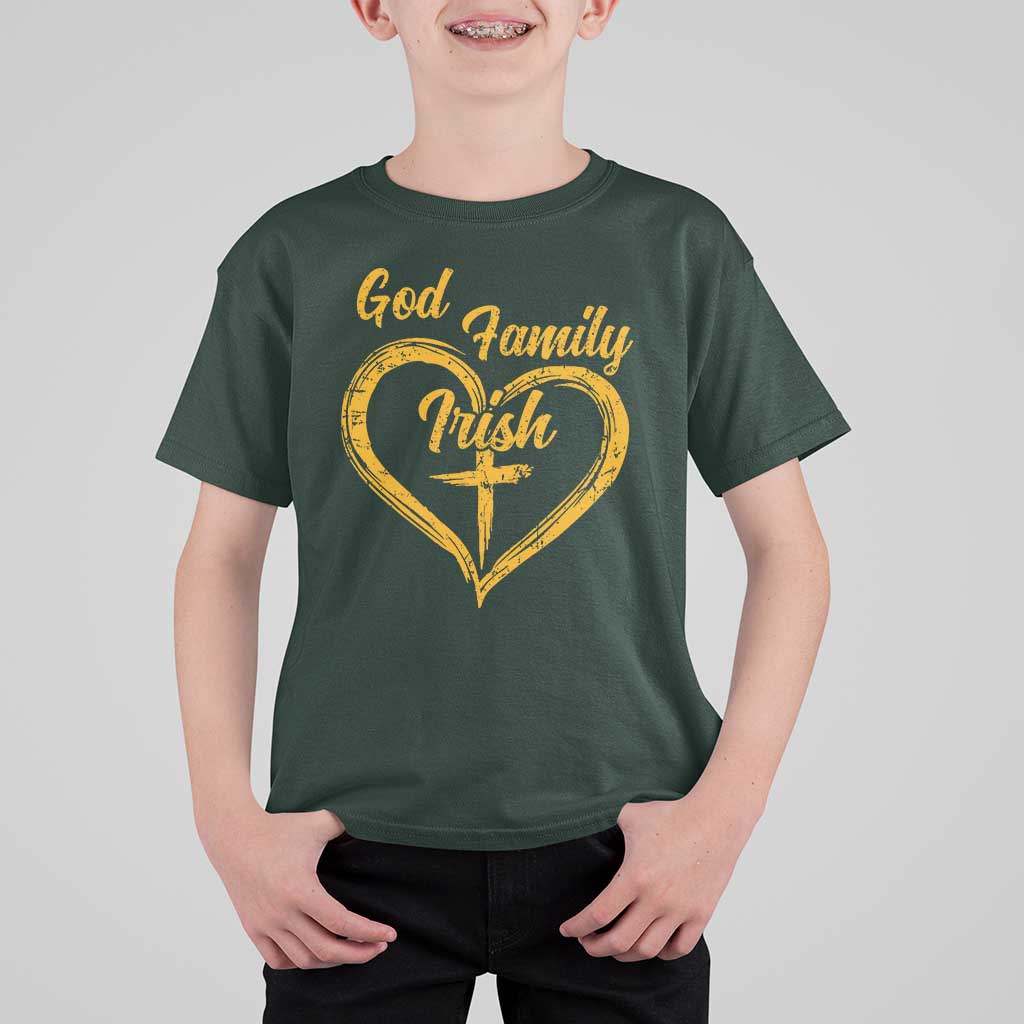God Family Irish T Shirt For Kid Vintage Cross In Heart Christian Notre Dame Game Day - Wonder Print Shop