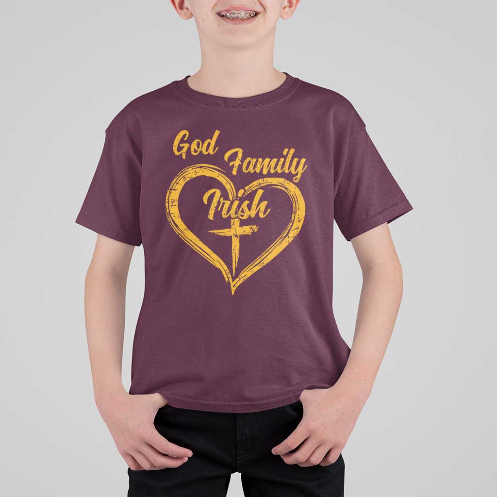 God Family Irish T Shirt For Kid Vintage Cross In Heart Christian Notre Dame Game Day - Wonder Print Shop