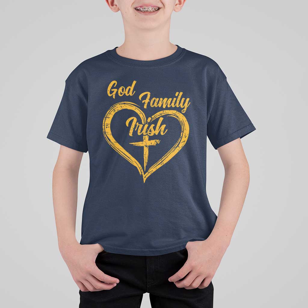 God Family Irish T Shirt For Kid Vintage Cross In Heart Christian Notre Dame Game Day - Wonder Print Shop