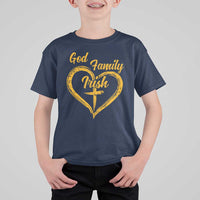 God Family Irish T Shirt For Kid Vintage Cross In Heart Christian Notre Dame Game Day - Wonder Print Shop