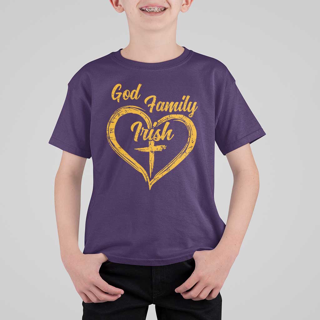 God Family Irish T Shirt For Kid Vintage Cross In Heart Christian Notre Dame Game Day - Wonder Print Shop