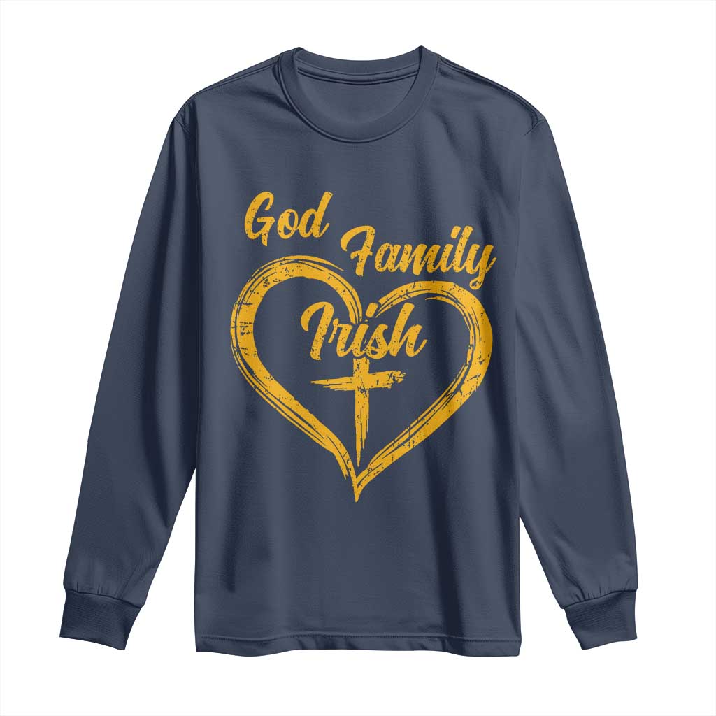 God Family Irish Long Sleeve Shirt Vintage Cross In Heart Christian Notre Dame Game Day - Wonder Print Shop
