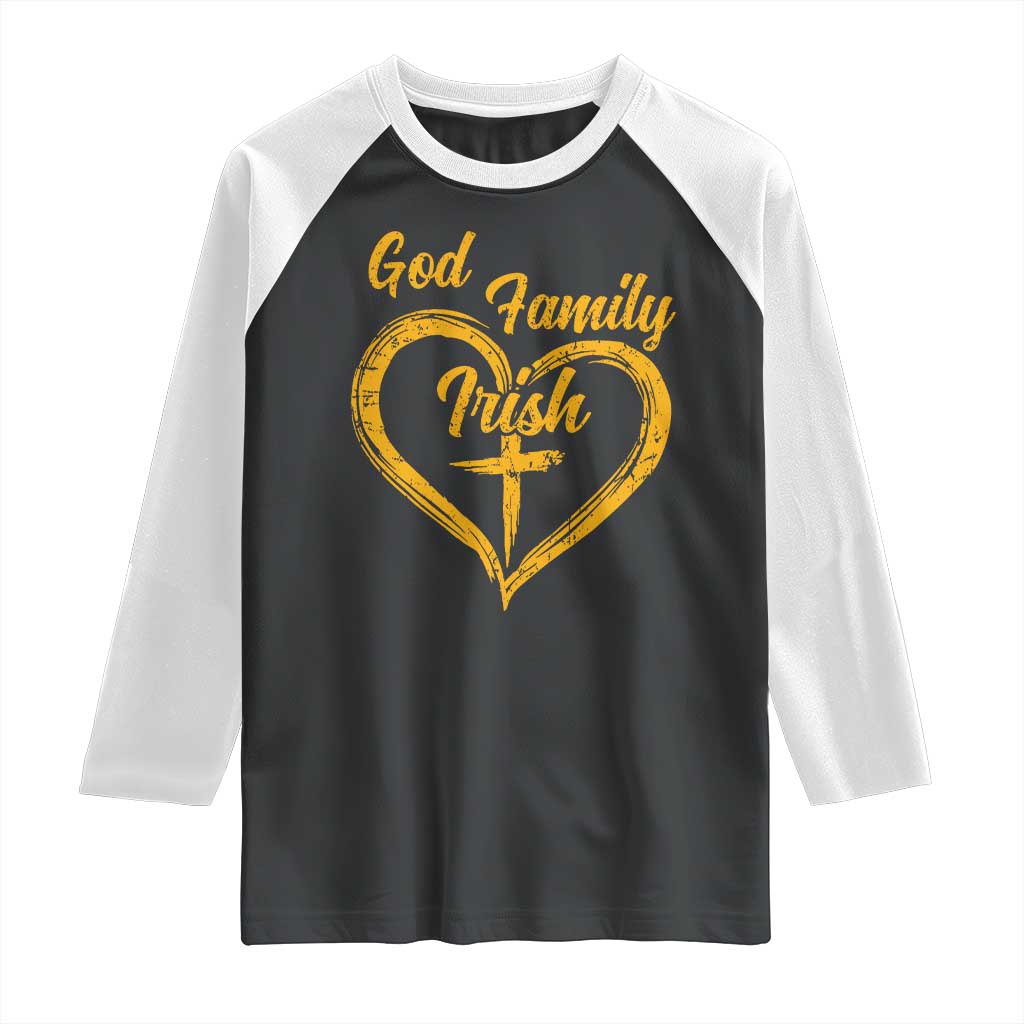 God Family Irish Raglan Shirt Vintage Cross In Heart Christian Notre Dame Game Day - Wonder Print Shop