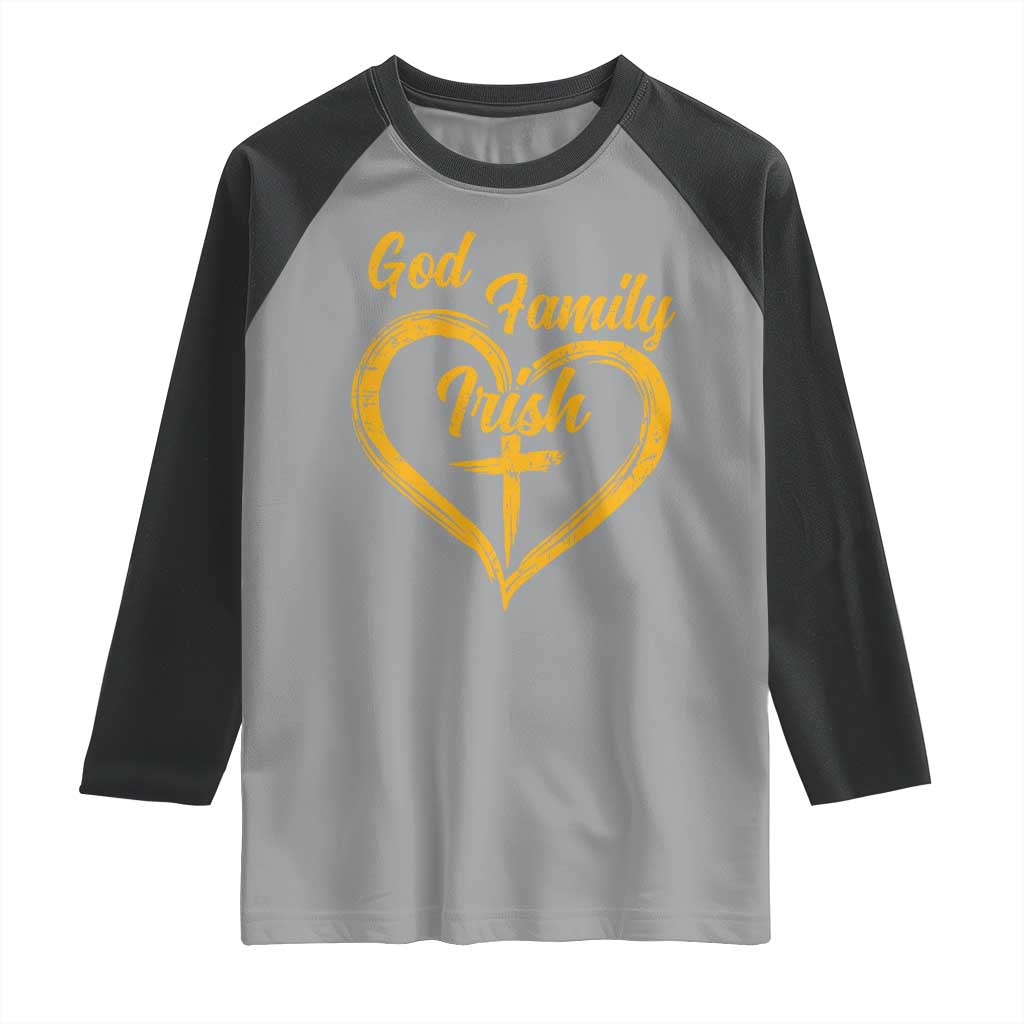 God Family Irish Raglan Shirt Vintage Cross In Heart Christian Notre Dame Game Day - Wonder Print Shop