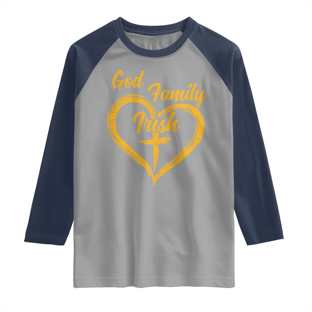 God Family Irish Raglan Shirt Vintage Cross In Heart Christian Notre Dame Game Day - Wonder Print Shop