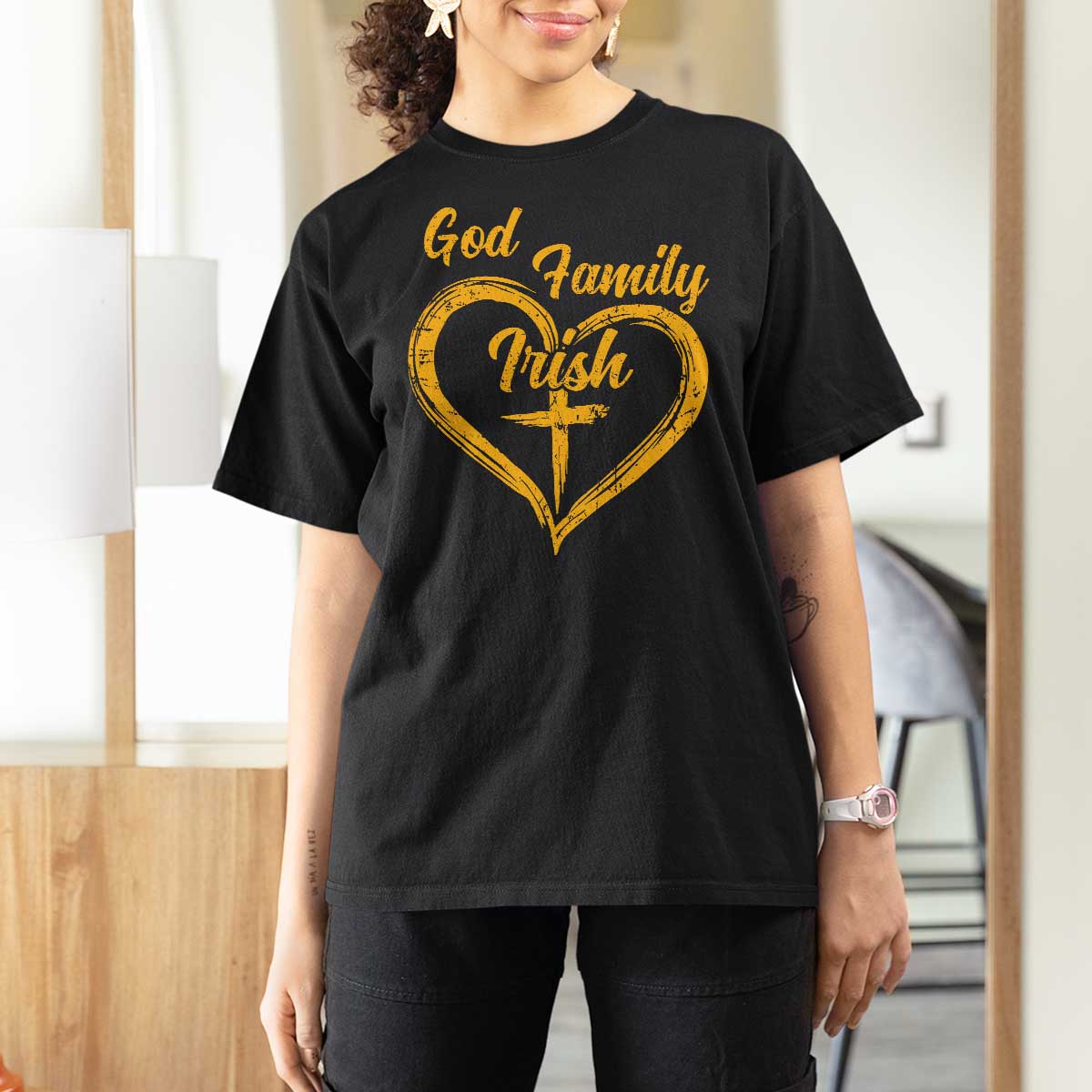 God Family Irish T Shirt For Women Vintage Cross In Heart Christian Notre Dame Game Day - Wonder Print Shop