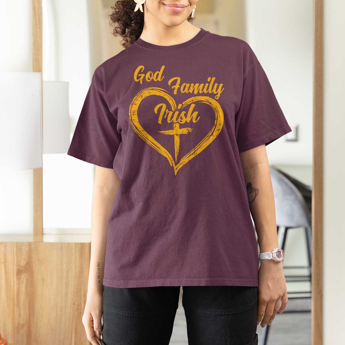 God Family Irish T Shirt For Women Vintage Cross In Heart Christian Notre Dame Game Day - Wonder Print Shop