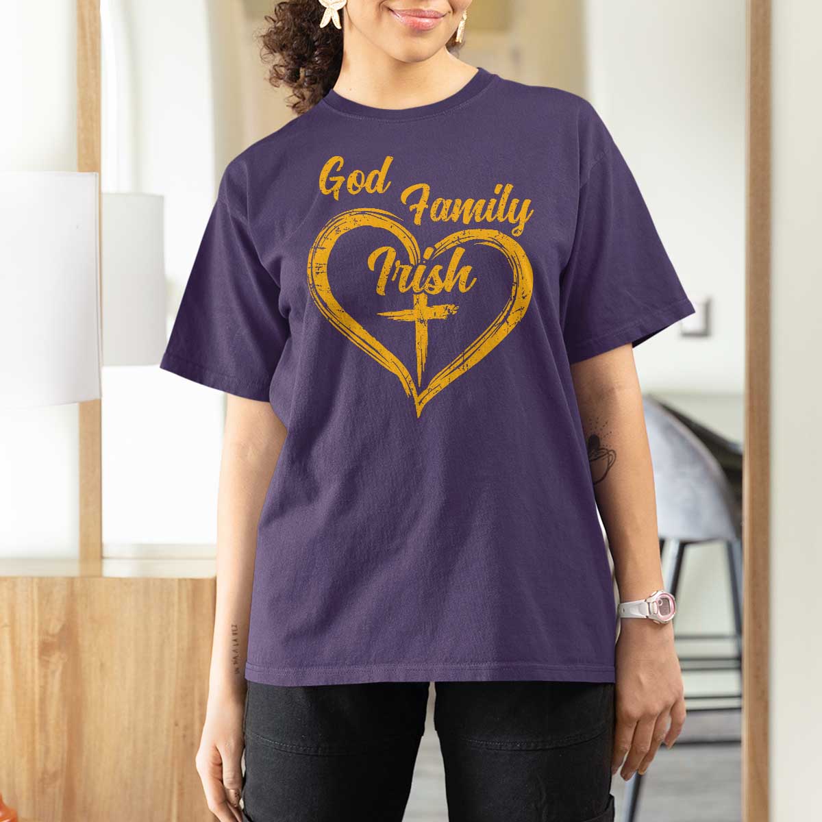 God Family Irish T Shirt For Women Vintage Cross In Heart Christian Notre Dame Game Day - Wonder Print Shop