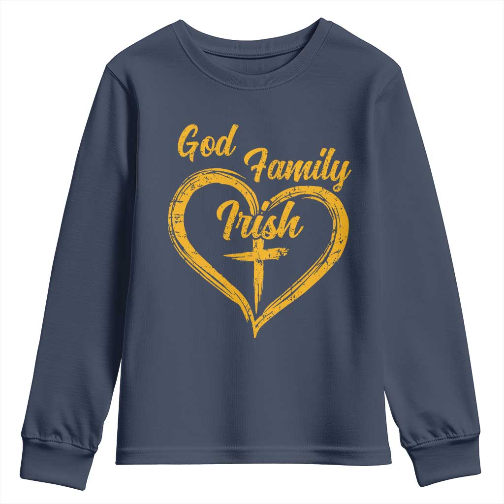 God Family Irish Youth Sweatshirt Vintage Cross In Heart Christian Notre Dame Game Day - Wonder Print Shop
