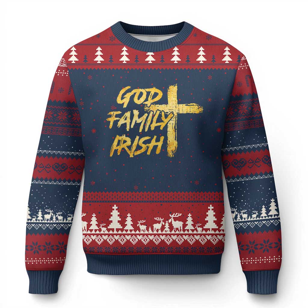 God Family Irish Ugly Christmas Sweater Christian Faith Cross Notre Dame Game Day - Wonder Print Shop