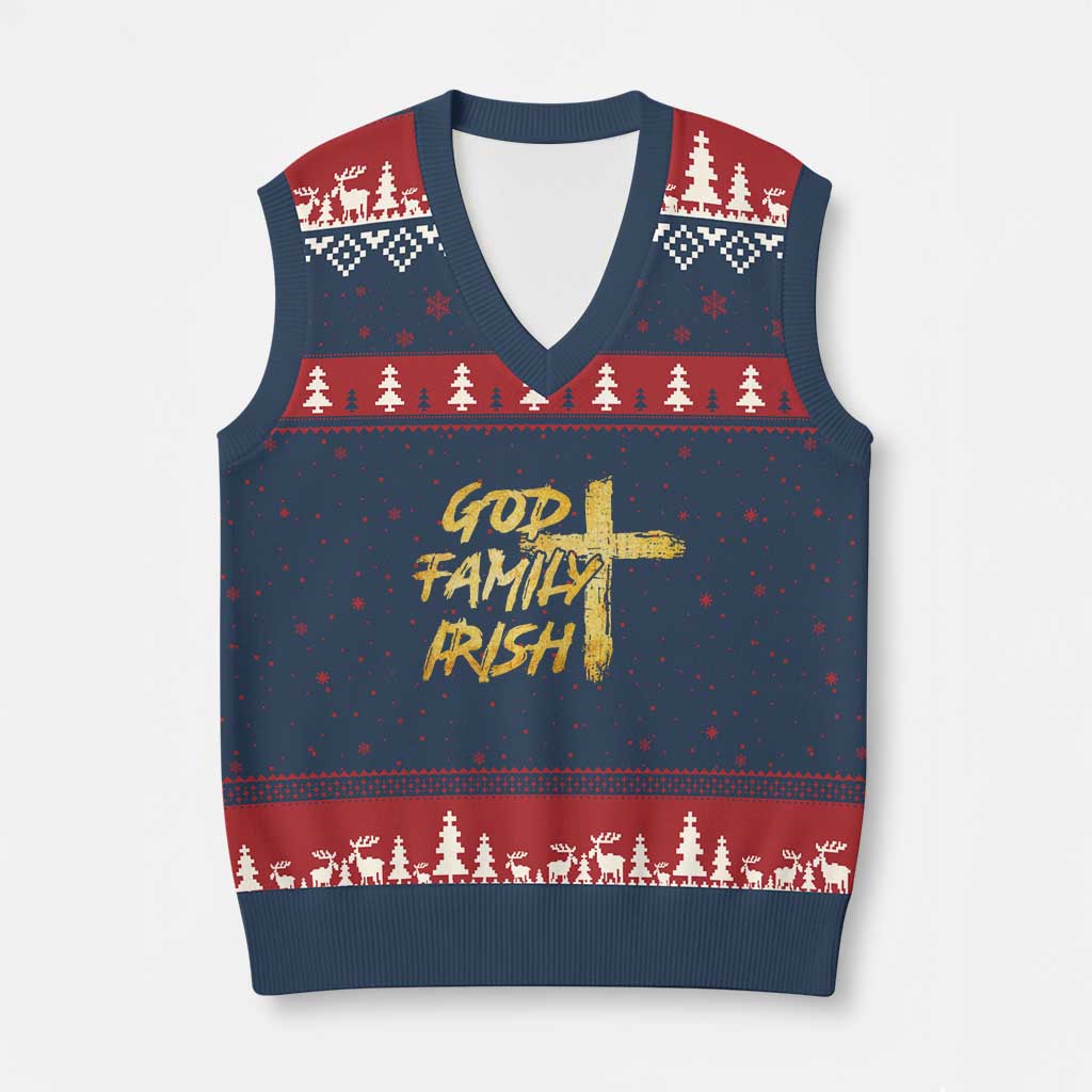 God Family Irish V-Neck Knit Sweater Vest Christian Faith Cross Notre Dame Game Day - Wonder Print Shop