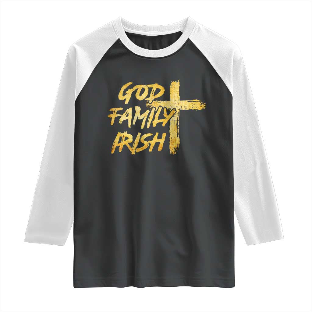 God Family Irish Raglan Shirt Christian Faith Cross Notre Dame Game Day - Wonder Print Shop