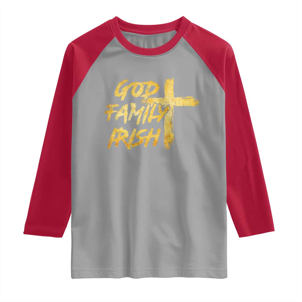 God Family Irish Raglan Shirt Christian Faith Cross Notre Dame Game Day - Wonder Print Shop