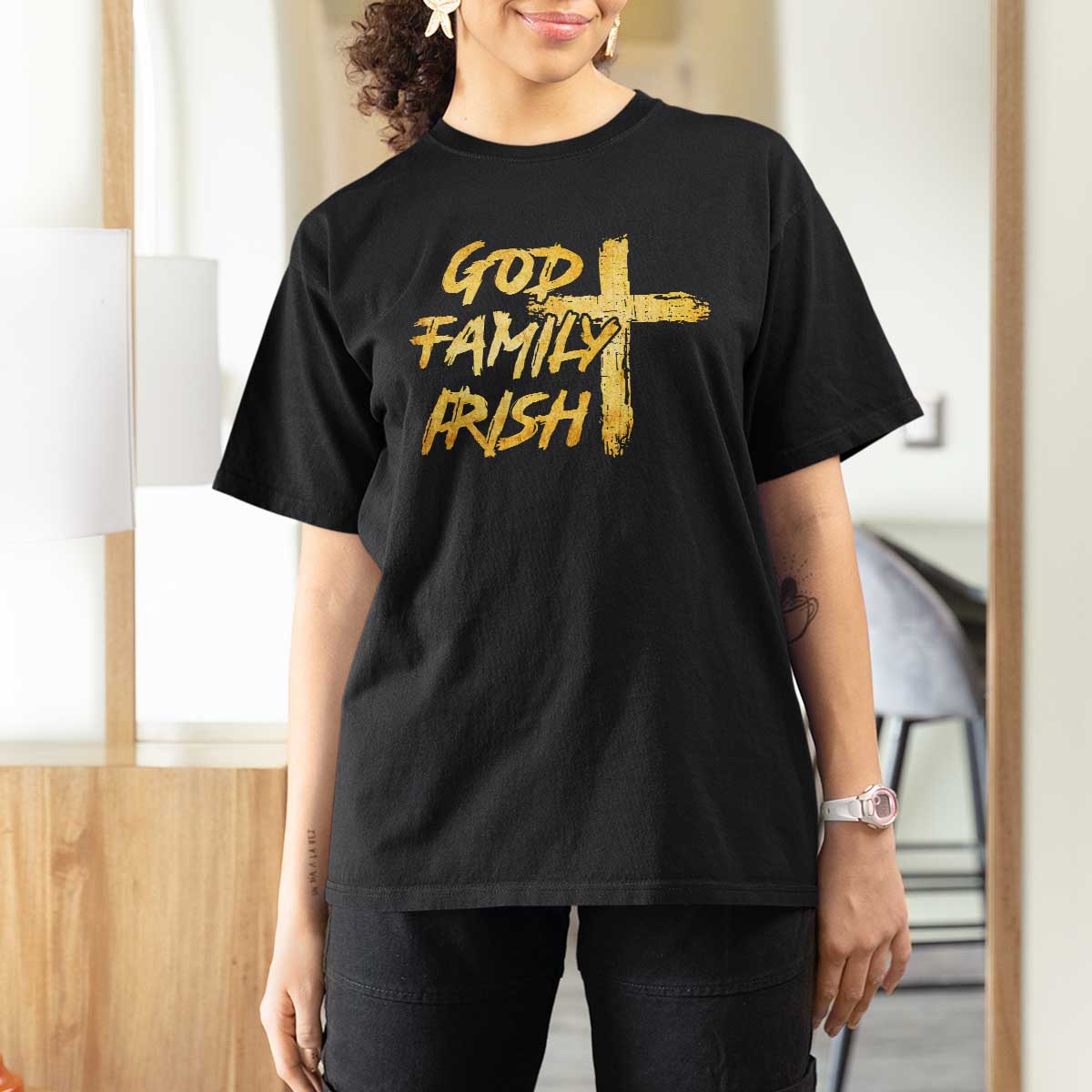 God Family Irish T Shirt For Women Christian Faith Cross Notre Dame Game Day - Wonder Print Shop