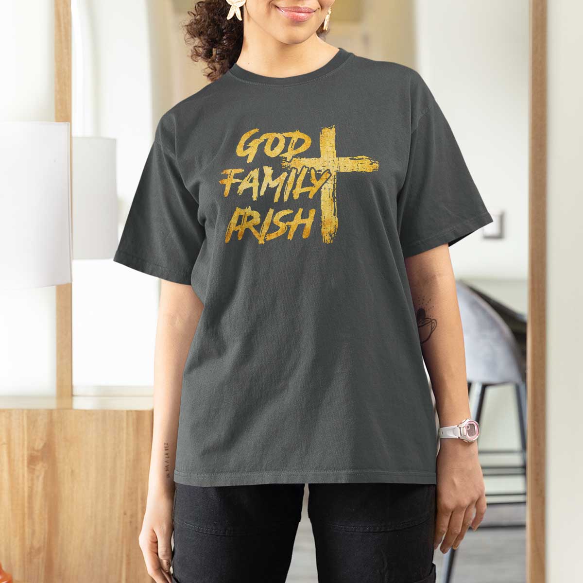 God Family Irish T Shirt For Women Christian Faith Cross Notre Dame Game Day - Wonder Print Shop