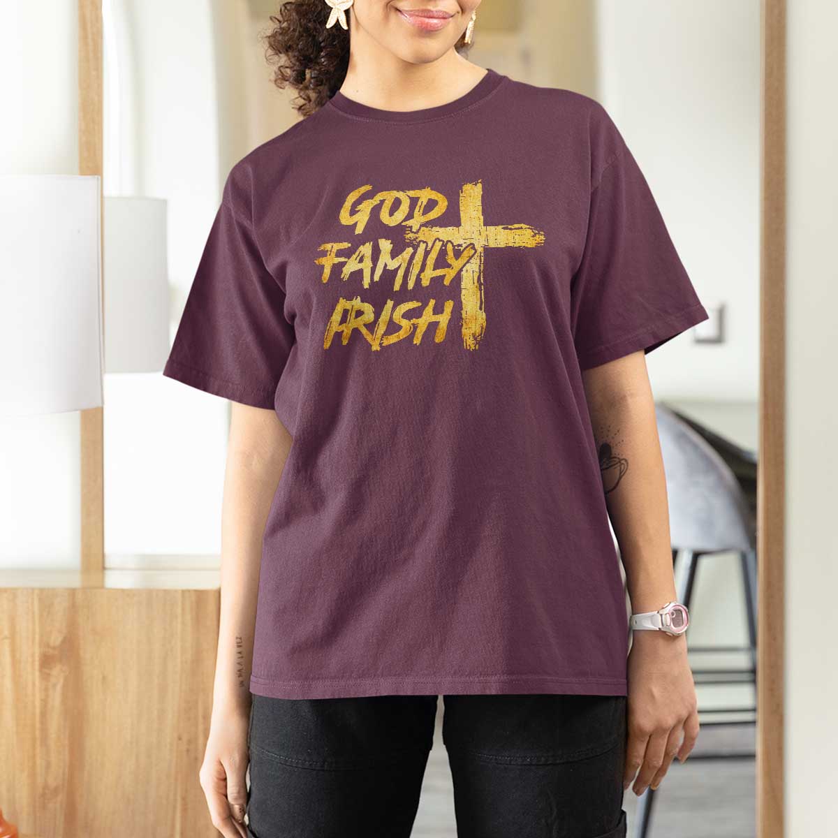 God Family Irish T Shirt For Women Christian Faith Cross Notre Dame Game Day - Wonder Print Shop