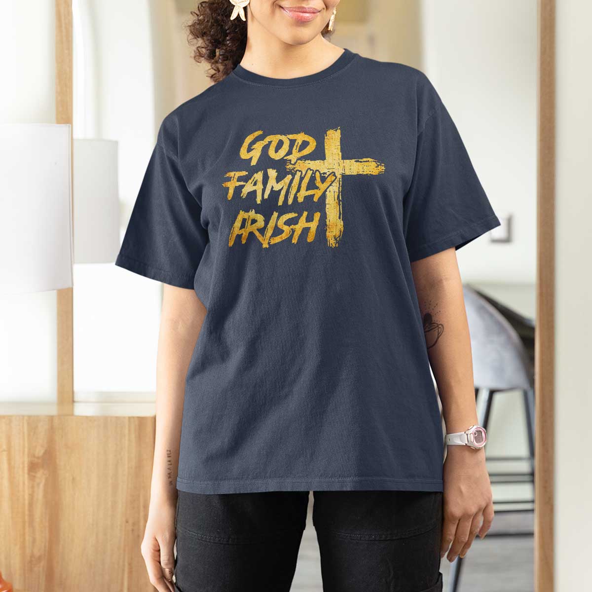 God Family Irish T Shirt For Women Christian Faith Cross Notre Dame Game Day - Wonder Print Shop