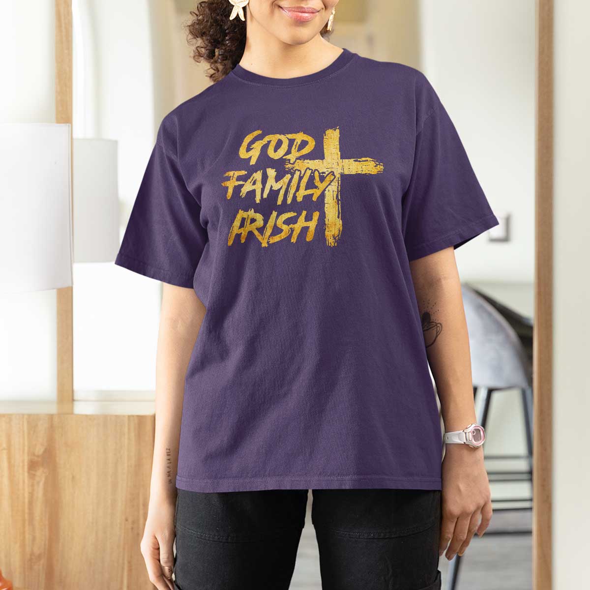 God Family Irish T Shirt For Women Christian Faith Cross Notre Dame Game Day - Wonder Print Shop