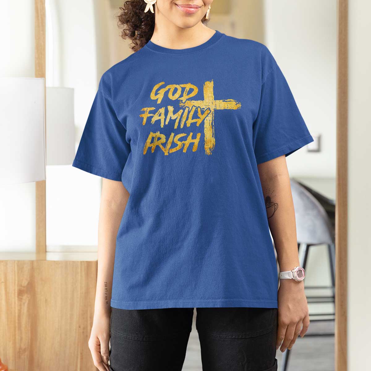 God Family Irish T Shirt For Women Christian Faith Cross Notre Dame Game Day - Wonder Print Shop
