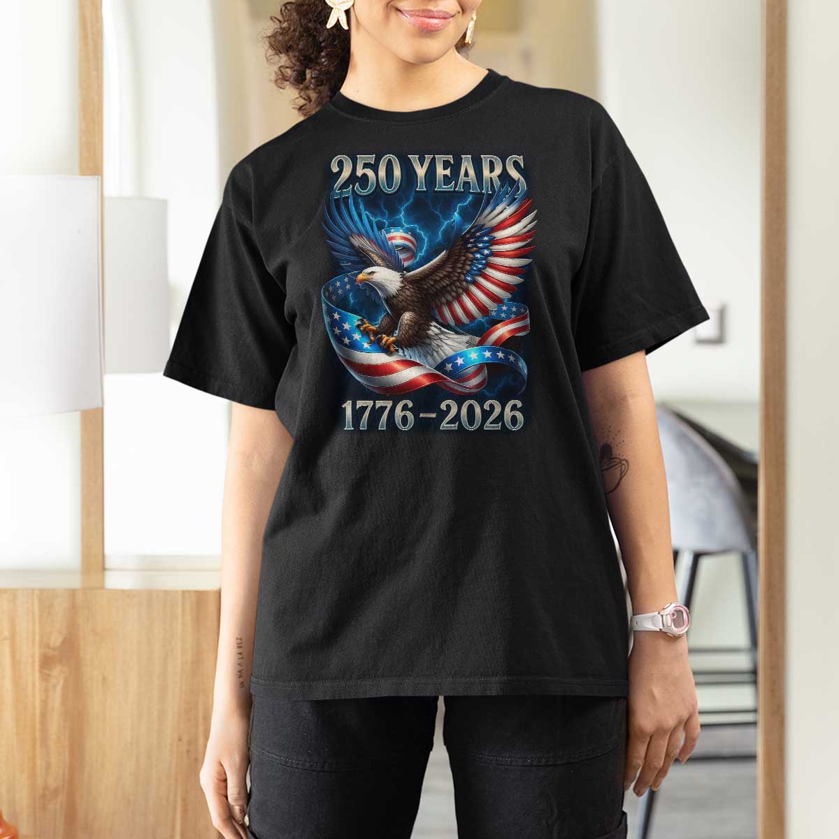 250 Years America T Shirt For Women Eagle and Flag 250th Anniversary USA Patriotic 1776 2026 - Wonder Print Shop