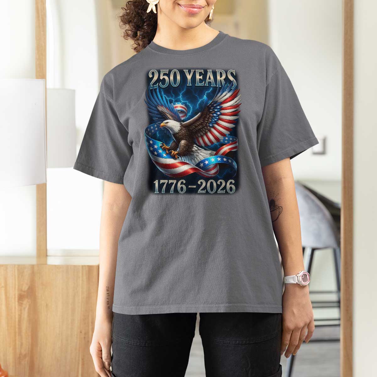 250 Years America T Shirt For Women Eagle and Flag 250th Anniversary USA Patriotic 1776 2026 - Wonder Print Shop