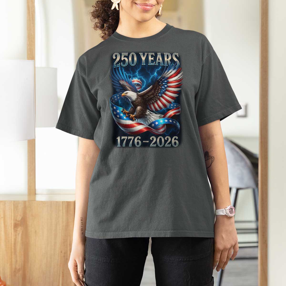 250 Years America T Shirt For Women Eagle and Flag 250th Anniversary USA Patriotic 1776 2026 - Wonder Print Shop