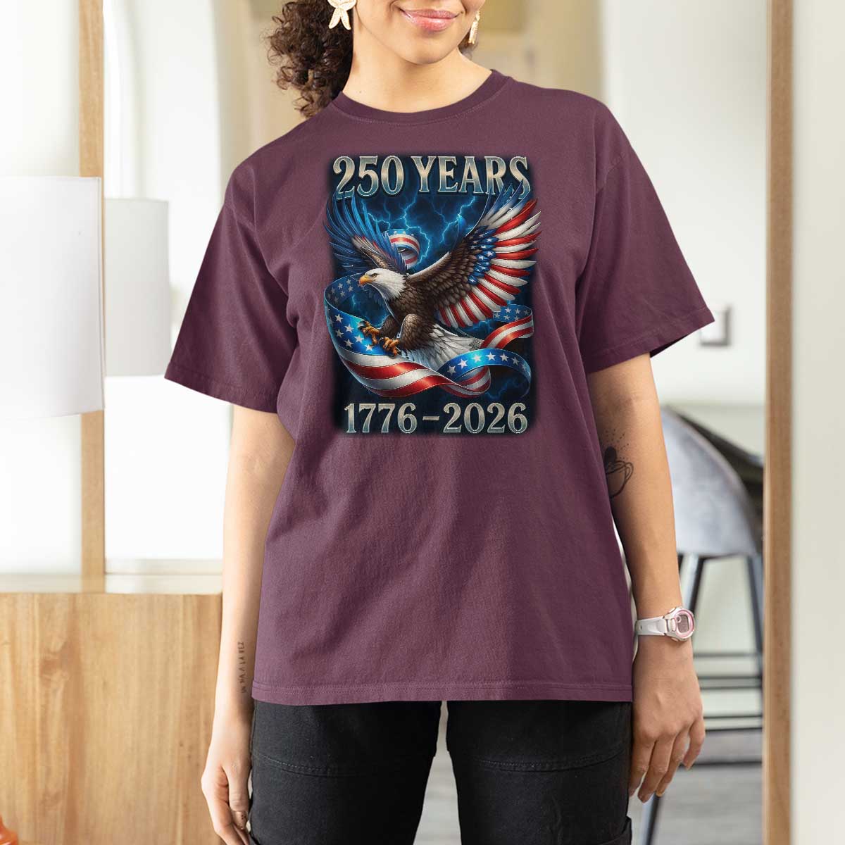 250 Years America T Shirt For Women Eagle and Flag 250th Anniversary USA Patriotic 1776 2026 - Wonder Print Shop