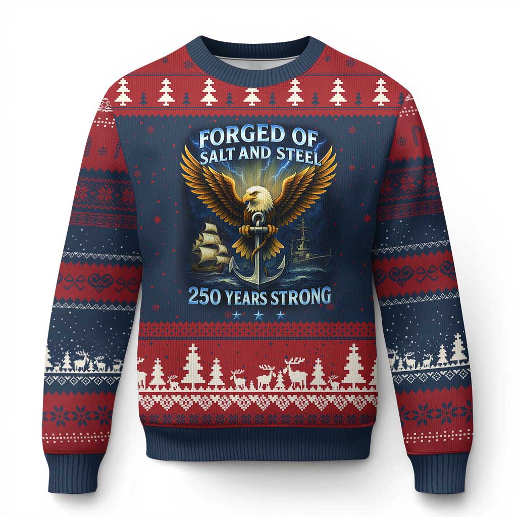 Navy Veteran 250th Anniversary Ugly Christmas Sweater Forged of Salt and Steel US Naval Ships 250th Anniversary - Wonder Print Shop