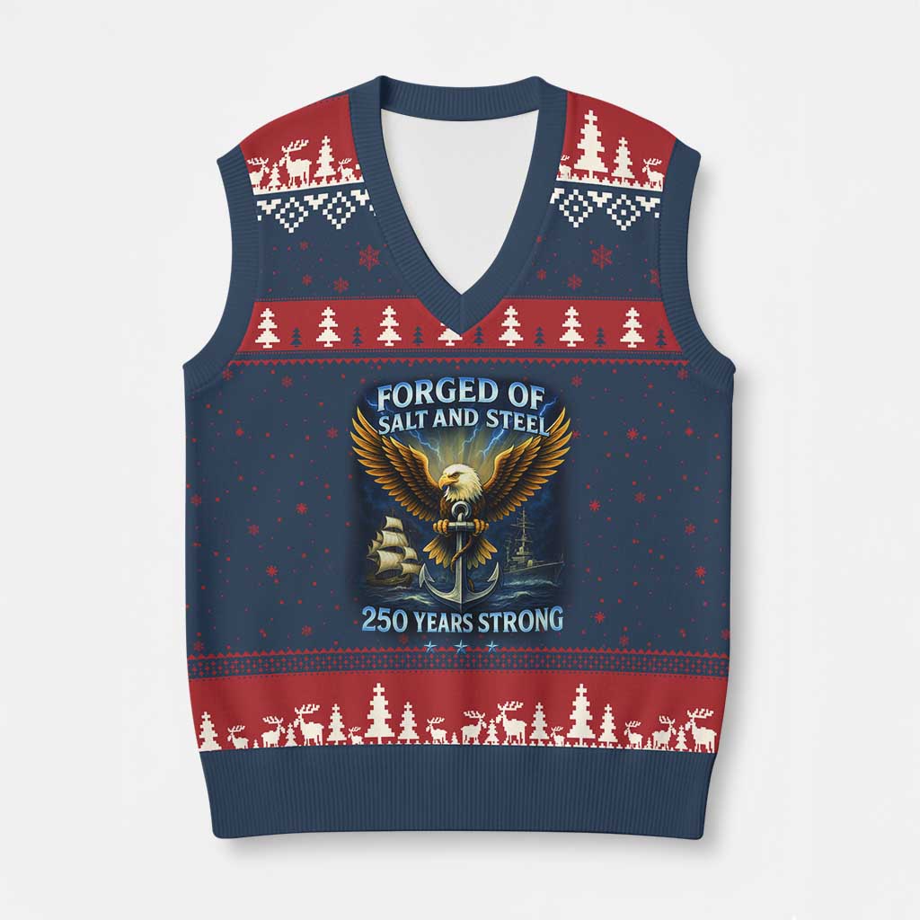 Navy Veteran 250th Anniversary V-Neck Knit Sweater Vest Forged of Salt and Steel US Naval Ships 250th Anniversary - Wonder Print Shop