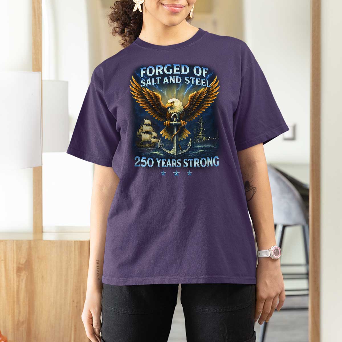 Navy Veteran 250th Anniversary T Shirt For Women Forged of Salt and Steel US Naval Ships 250th Anniversary - Wonder Print Shop