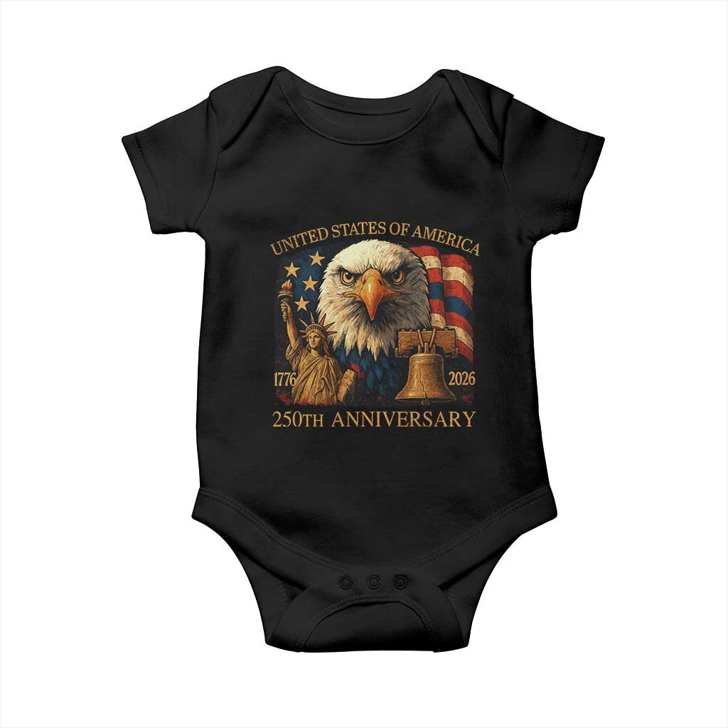 US 250th Anniversary Baby Onesie Retro Bald Eagle American Flag Patriotic Veterans - Wonder Print Shop