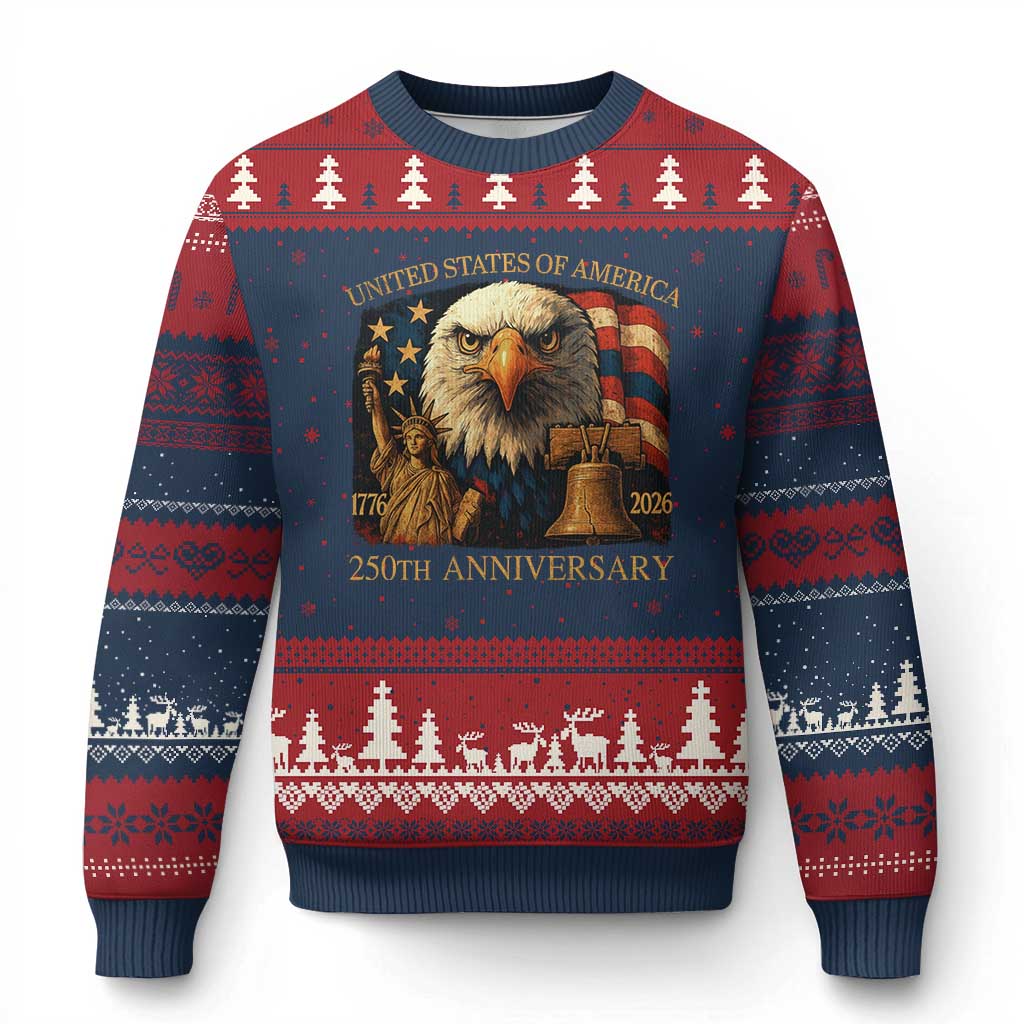 US 250th Anniversary Ugly Christmas Sweater Retro Bald Eagle American Flag Patriotic Veterans - Wonder Print Shop